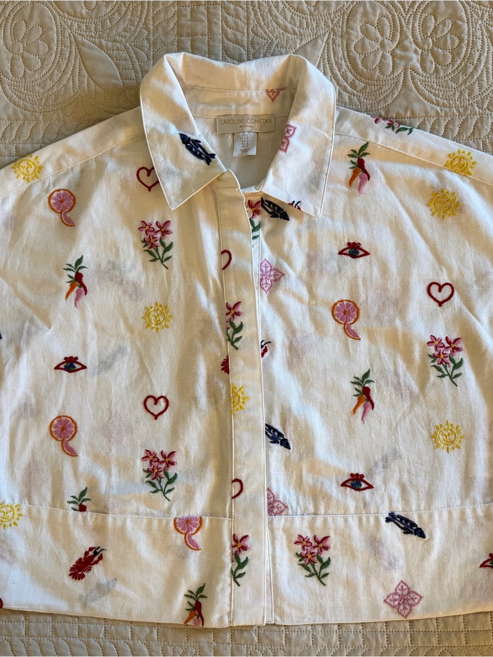 Caroline Constas White Shirt with Multicolor Embroidery
